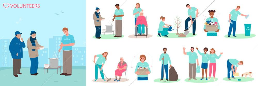 People involved in various volunteering activities flat composition set isolated vector illustration