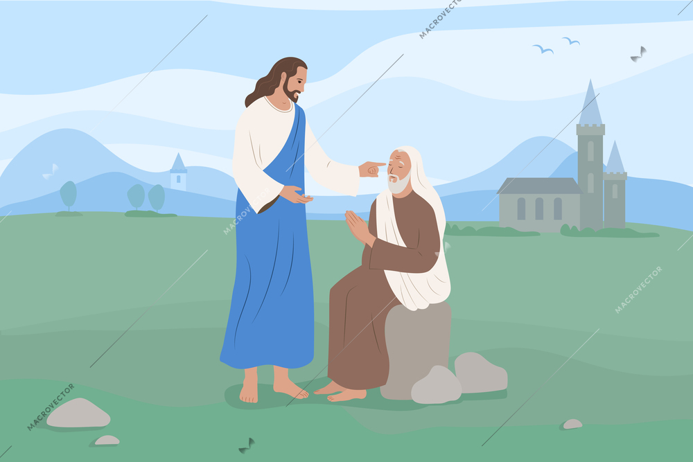 Jesus christ with senior disciple flat vector illustration