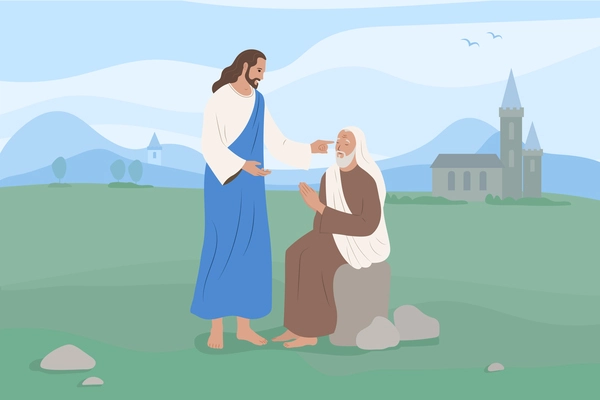 Jesus christ with senior disciple flat vector illustration