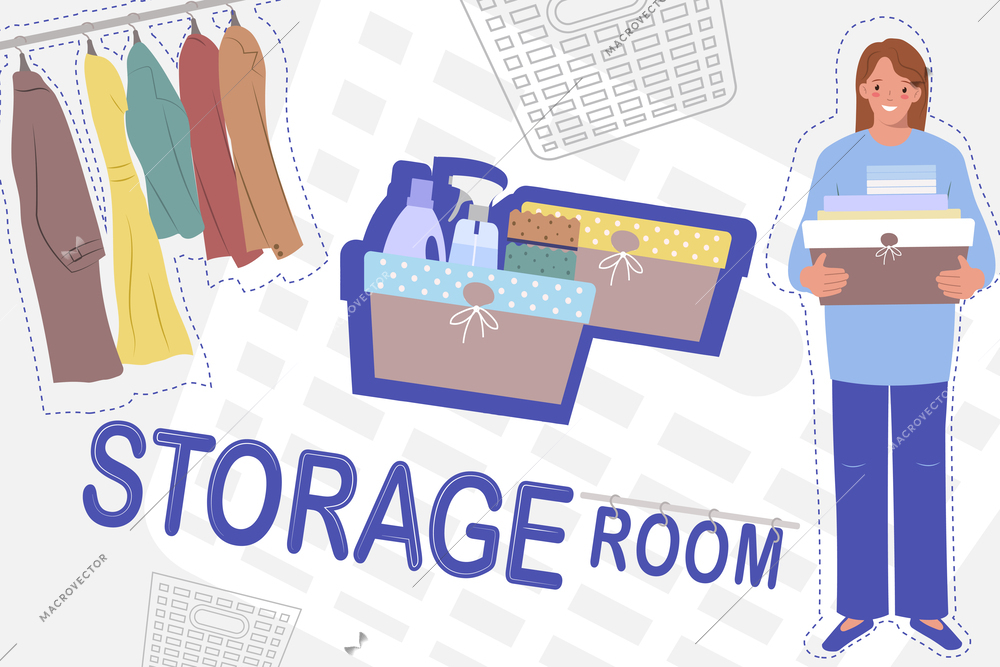 Storage laundry dressing room flat collage with smiling woman holding interior boxes vector illustration