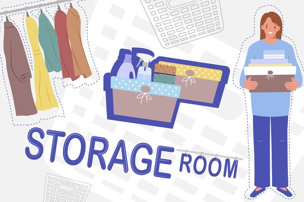 Storage laundry dressing room flat collage with smiling woman holding interior boxes vector illustration