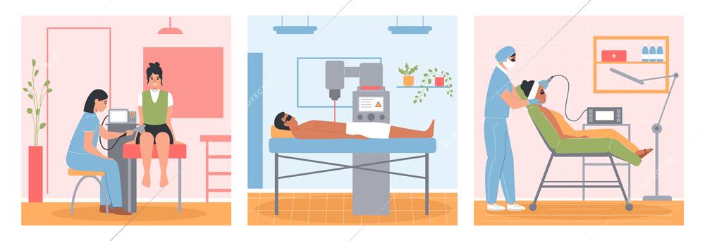 Laser therapy set of three square compositions with flat hospital interiors and characters of patients doctors vector illustration