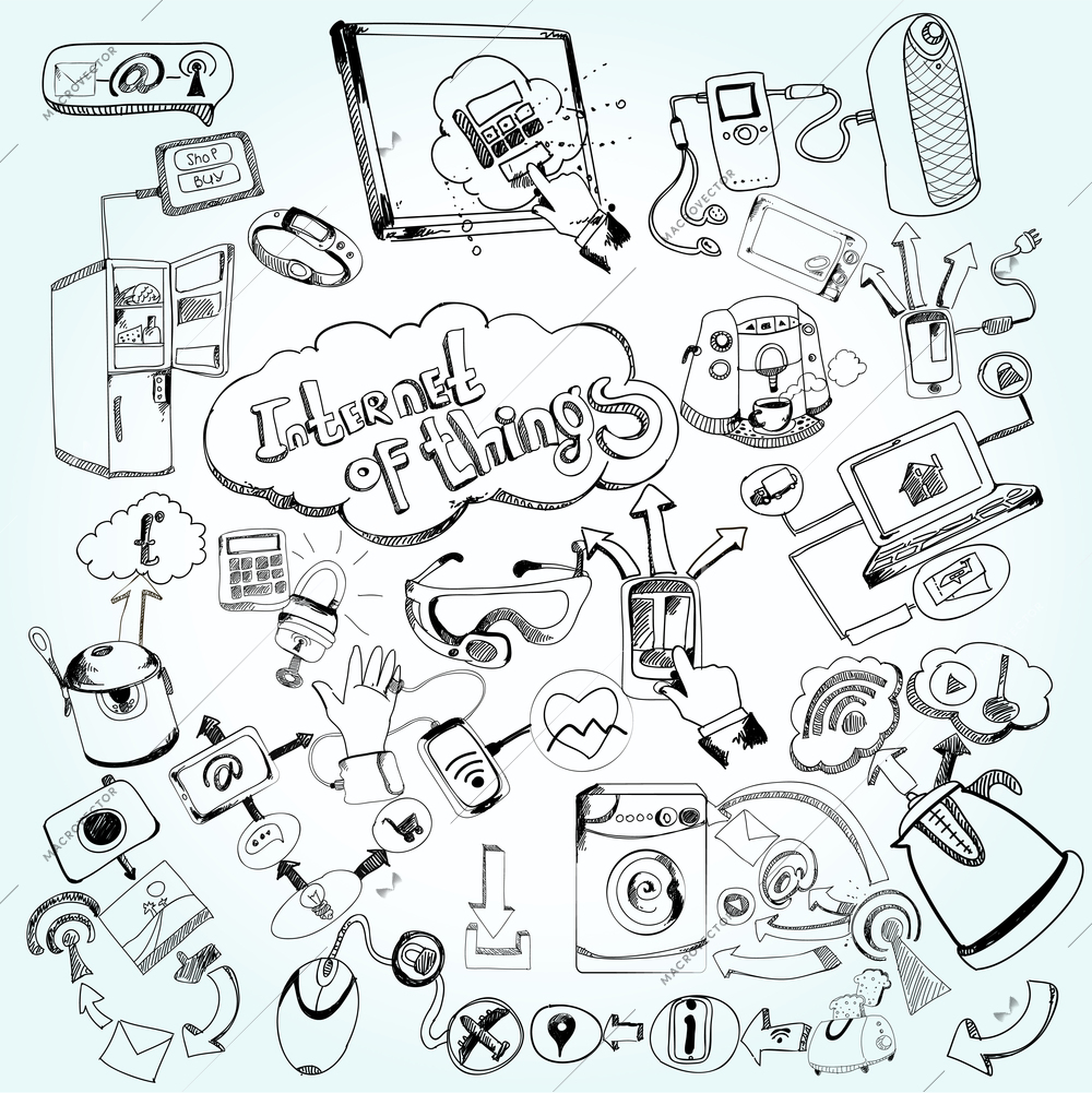 Internet of things concept with doodle decorative network technology icons set vector illustration