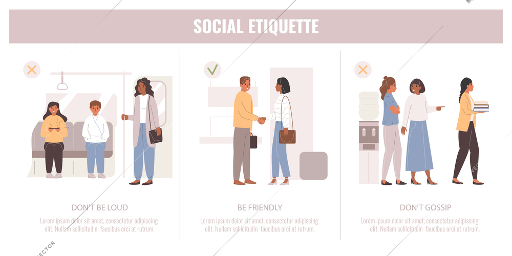 Etiquette rules flat infographic set of compositions with doodle human characters being quiet friendly and respectful vector illustration