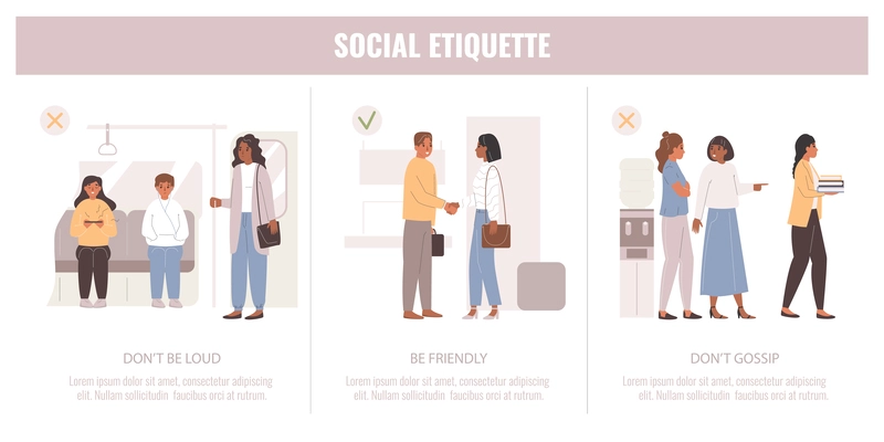 Etiquette rules flat infographic set of compositions with doodle human characters being quiet friendly and respectful vector illustration