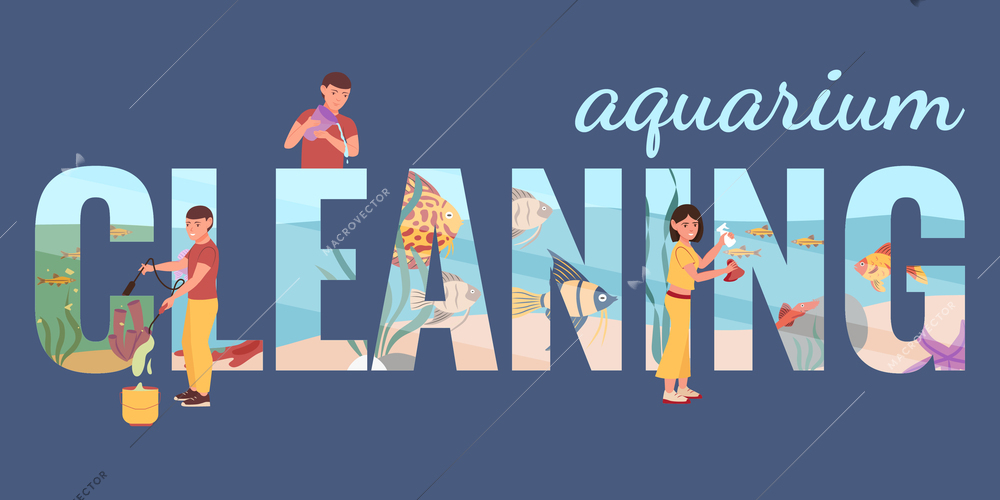 Aquarium clean care flat text composition with doodle human characters cleaning equipment and underwater fish scenery vector illustration