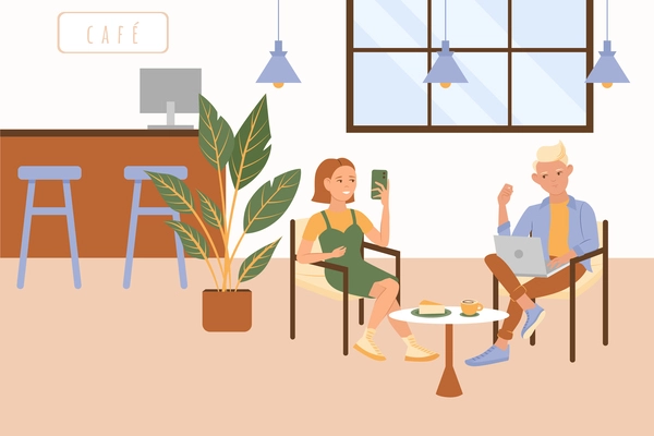 Generations people flat composition with indoor cafe scenery and young couple sitting at table with gadgets vector illustration
