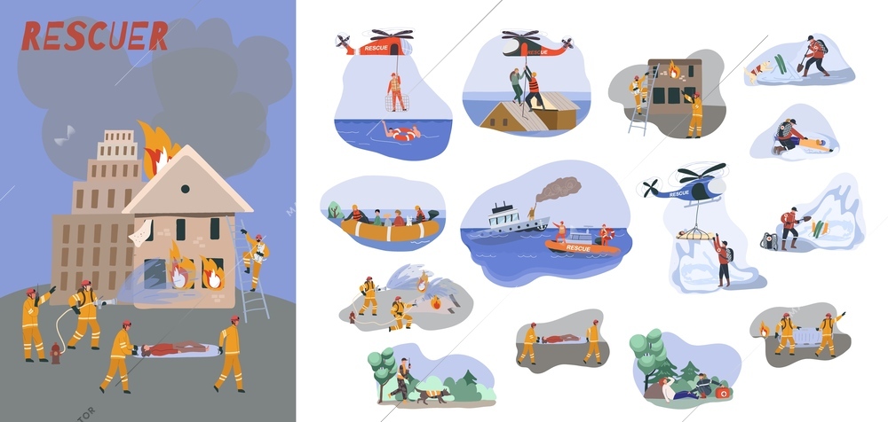 Rescuer composition set with emergency symbols flat isolated vector illustration