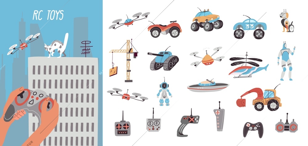 Control toys composition set with transport and drones symbols flat isolated vector illustration