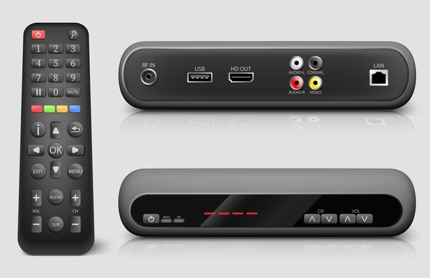 Front and back view of digital TV setup box with remote controller realistic vector illustration