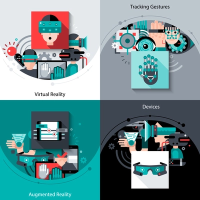 Virtual augmented reality design concept set with tracking gestures devices flat icons isolated vector illustration