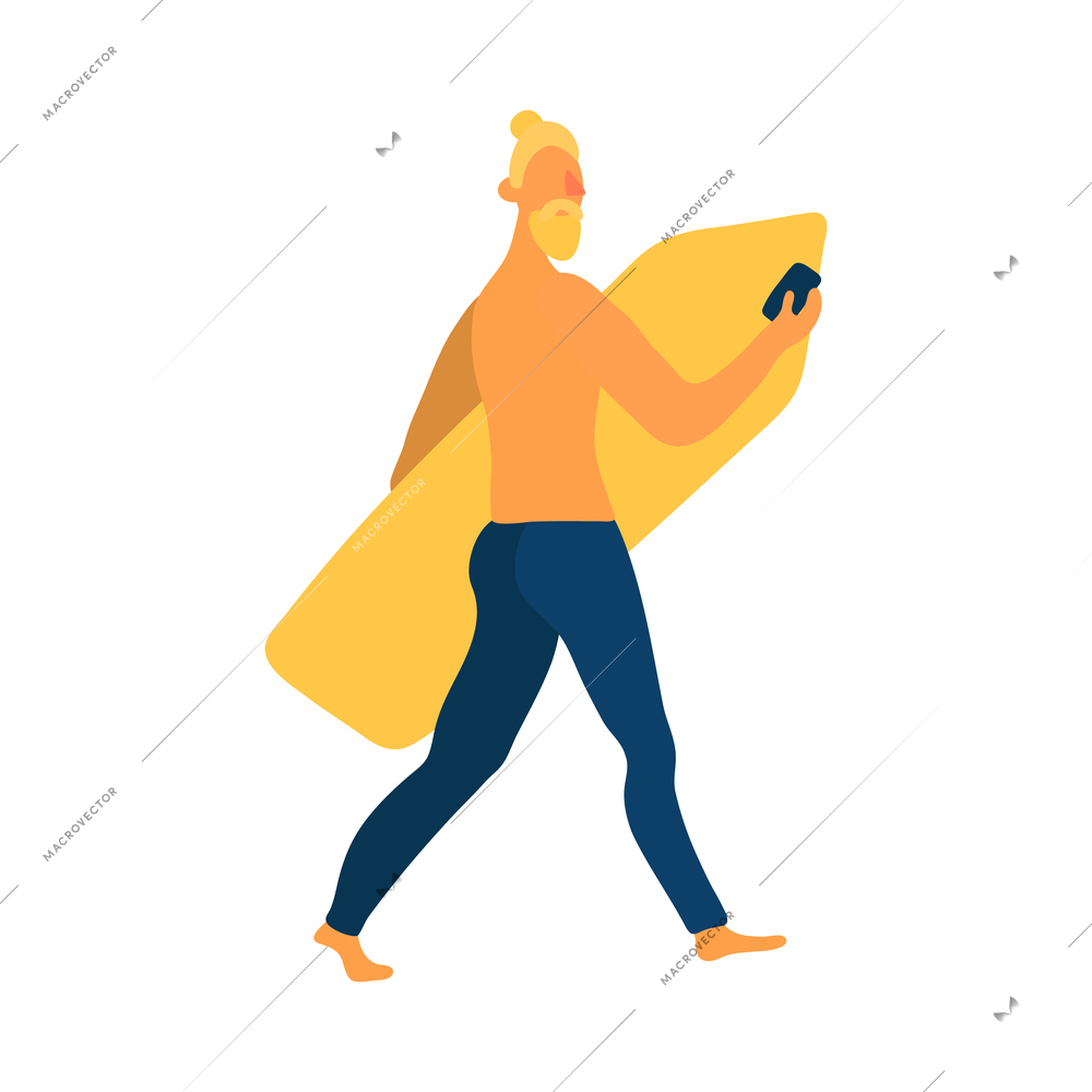 Man walking with surfboard on white background vector illustration