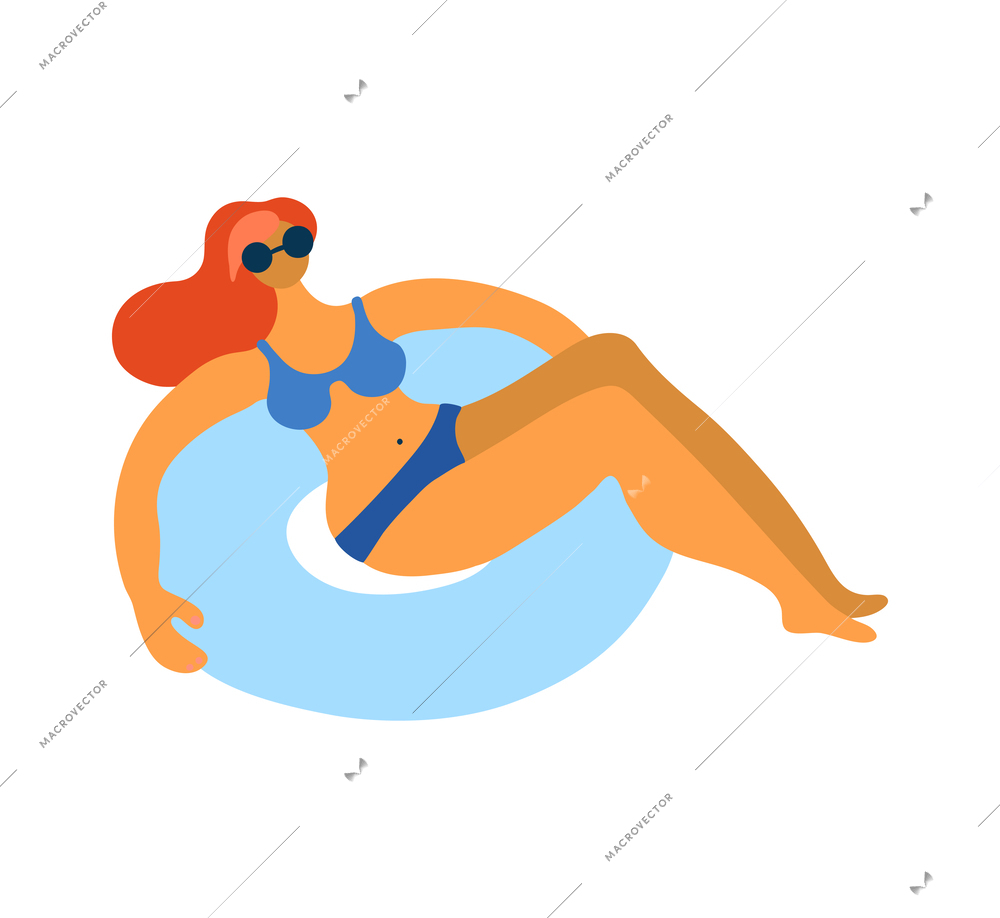 Flat summer holiday concept with woman relaxing in inflatable ring in pool or sea vector illustration