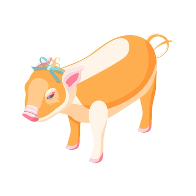Cute white and brown piglet with bow isometric vector illustration