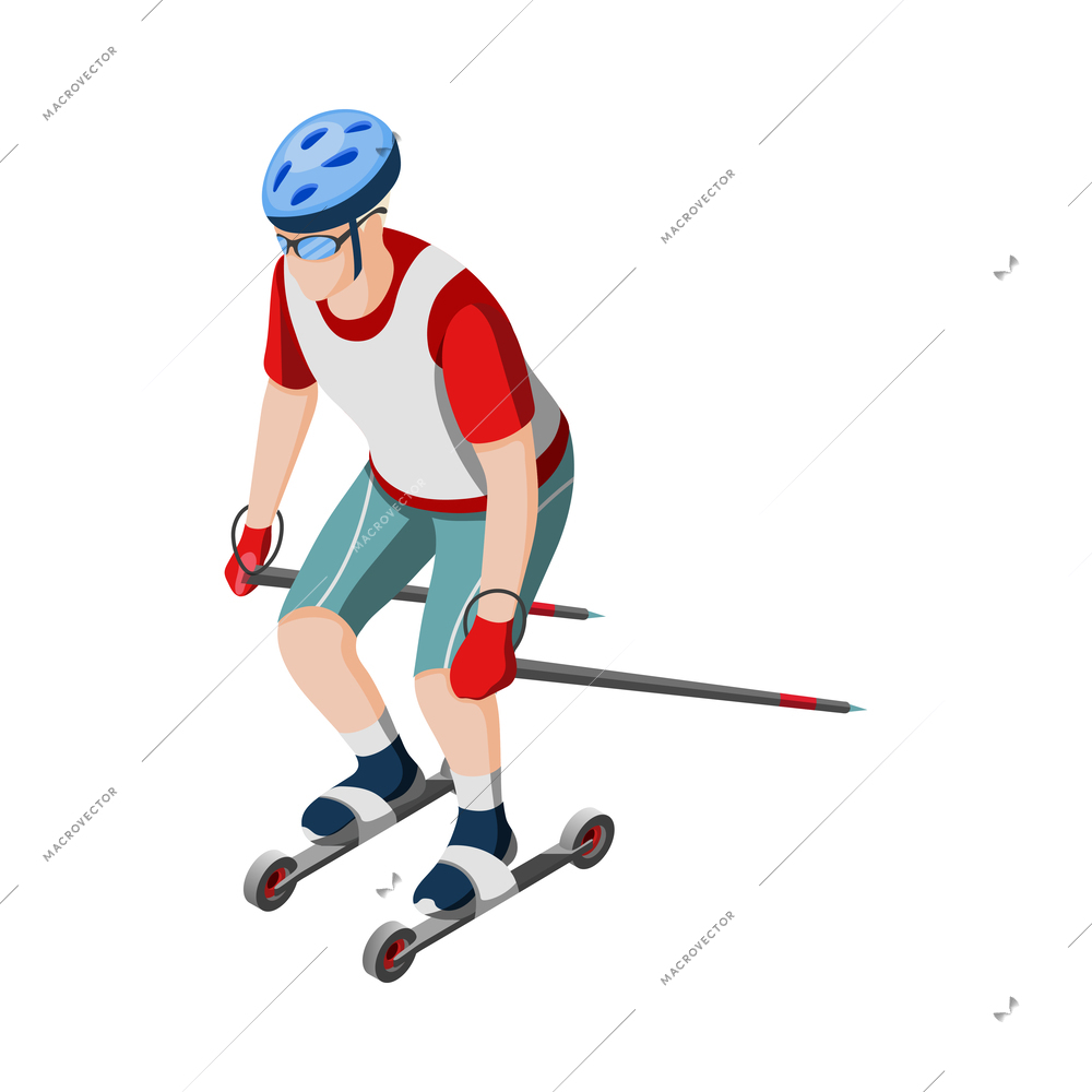 Man rollerskiing in protective helmet and glasses isometric vector illustration