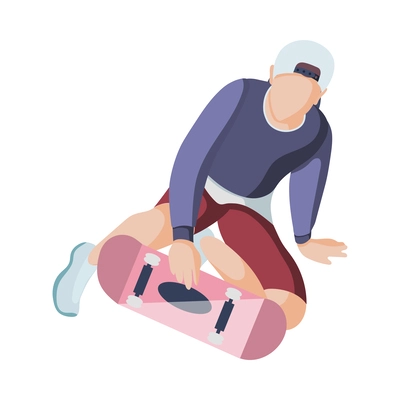 Male teenager with skateboard on white background isometric vector illustration