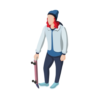 Isometric skateboarder character faceless teen with skateboard 3d vector illustration