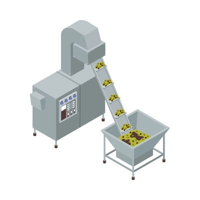 Olive oil production isometric icon with crushing machine 3d vector illustration