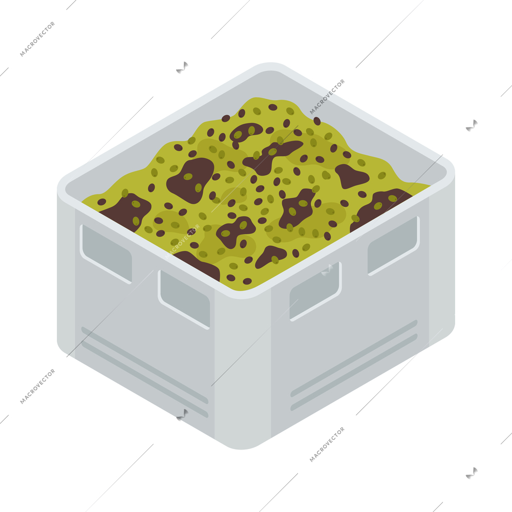 Oil production isometric icon with container of olives on white background isolated vector illustration