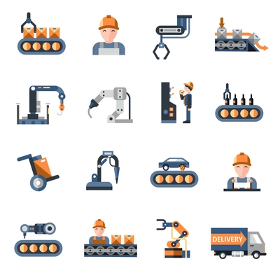 Production line industrial factory manufacturing process icons set isolated vector illustration