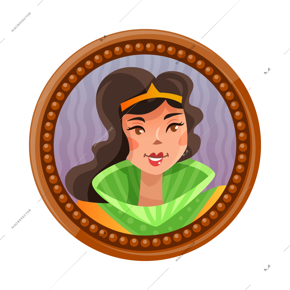 Cartoon long haired princess portrait in round frame vector illustration