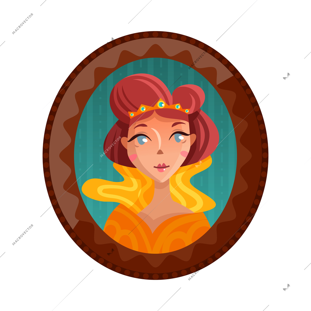 Cartoon fairy tale princess portrait in round frame vector illustration