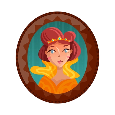 Cartoon fairy tale princess portrait in round frame vector illustration