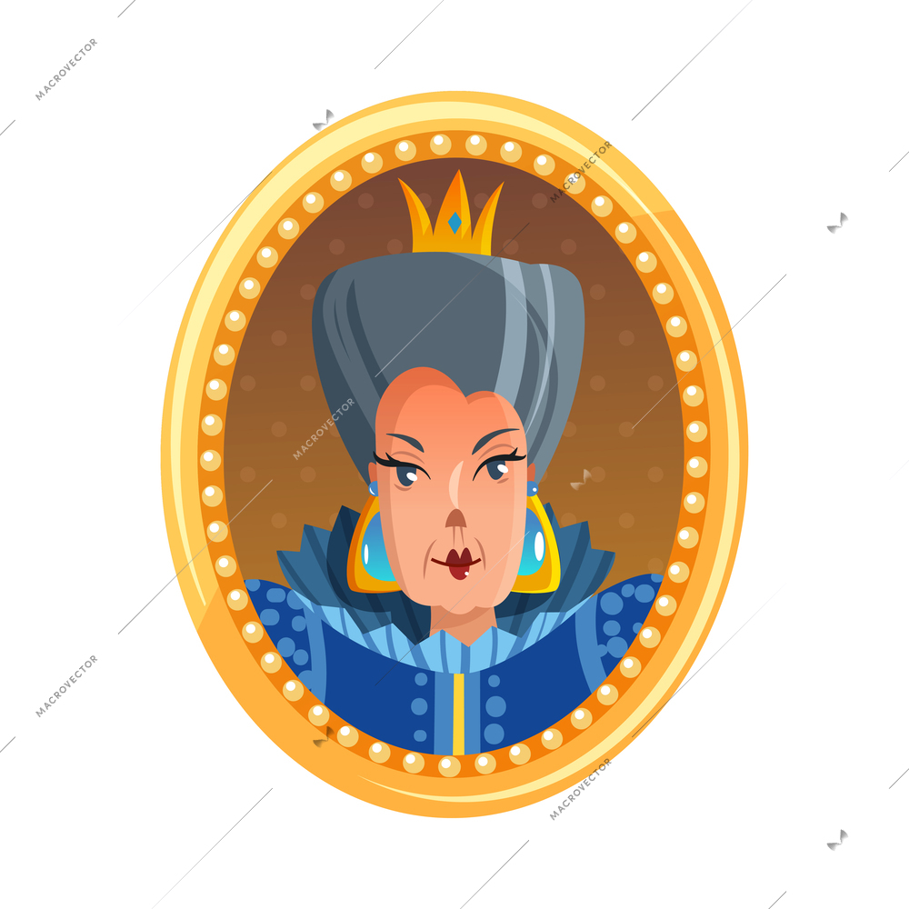 Cartoon queen portrait in oval golden frame vector illustration