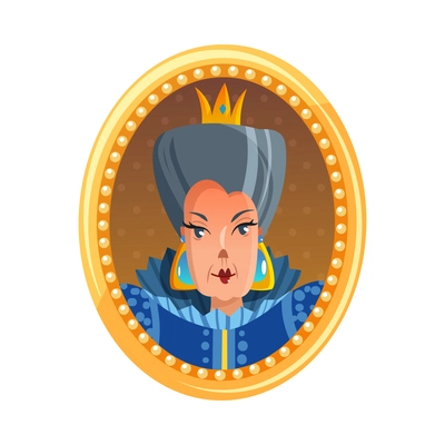 Cartoon queen portrait in oval golden frame vector illustration