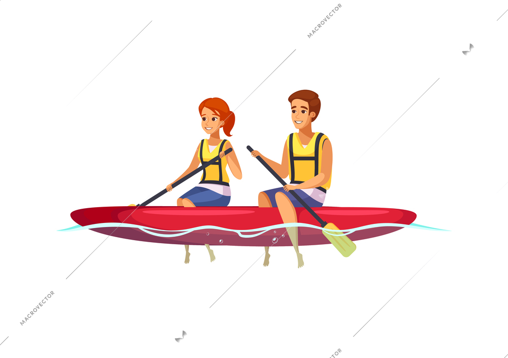 Happy couple wearing life jackets going kayaking cartoon vector illustration