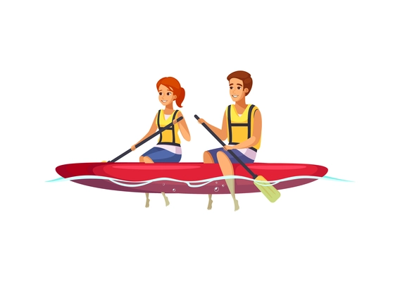 Happy couple wearing life jackets going kayaking cartoon vector illustration