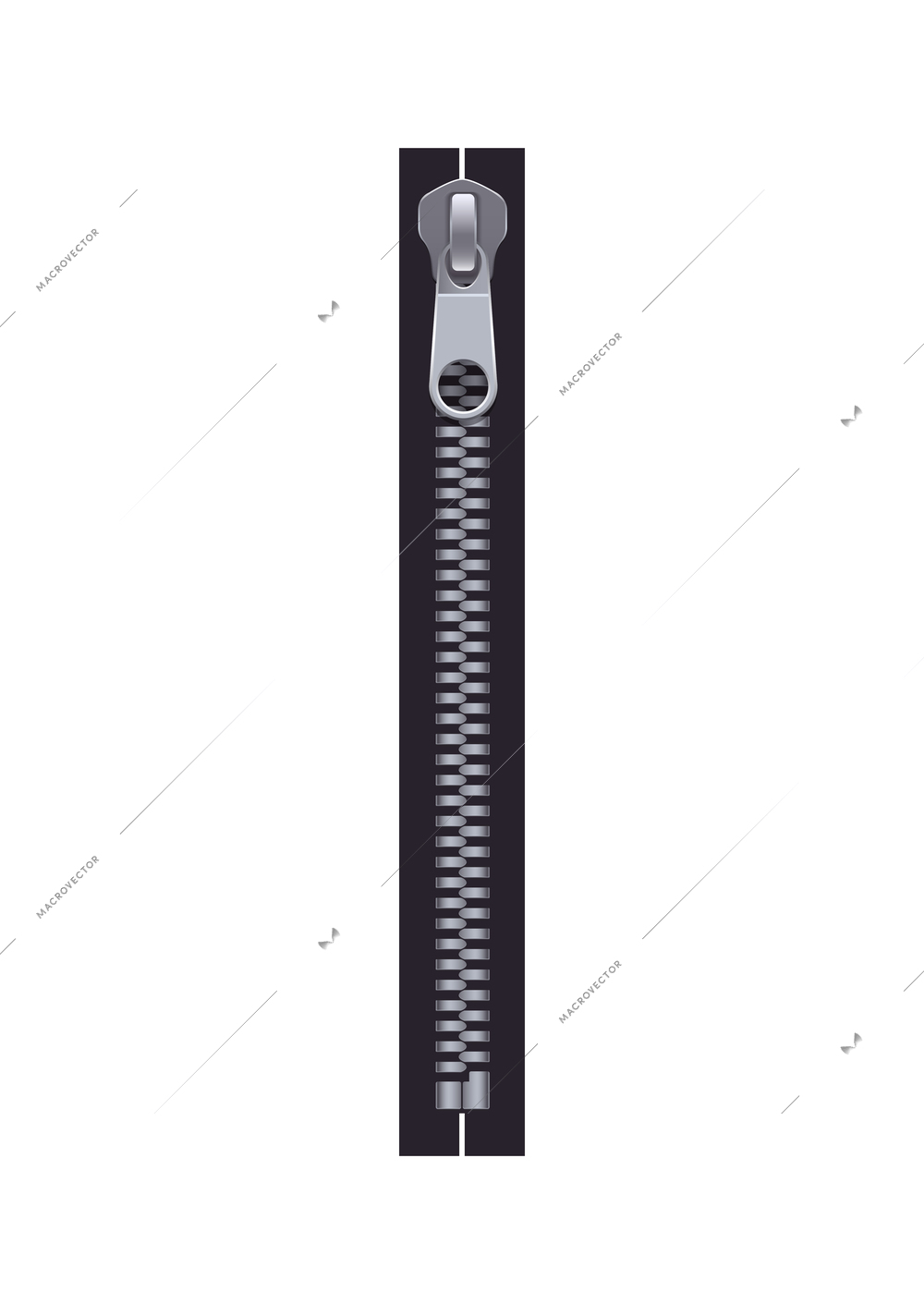 Realistic silver zipper with puller on white background vector illustration