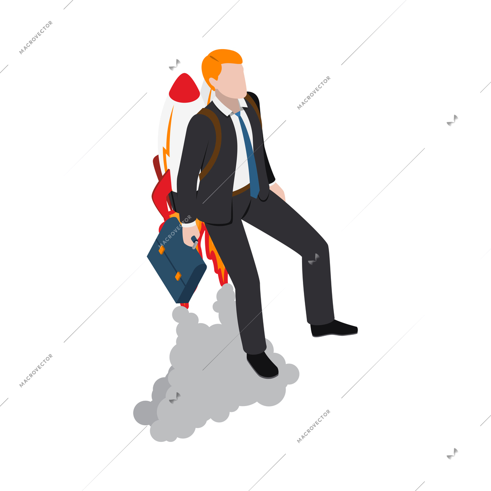 Accelerate business isometric concept with businessman going up on rocket 3d vector illustration