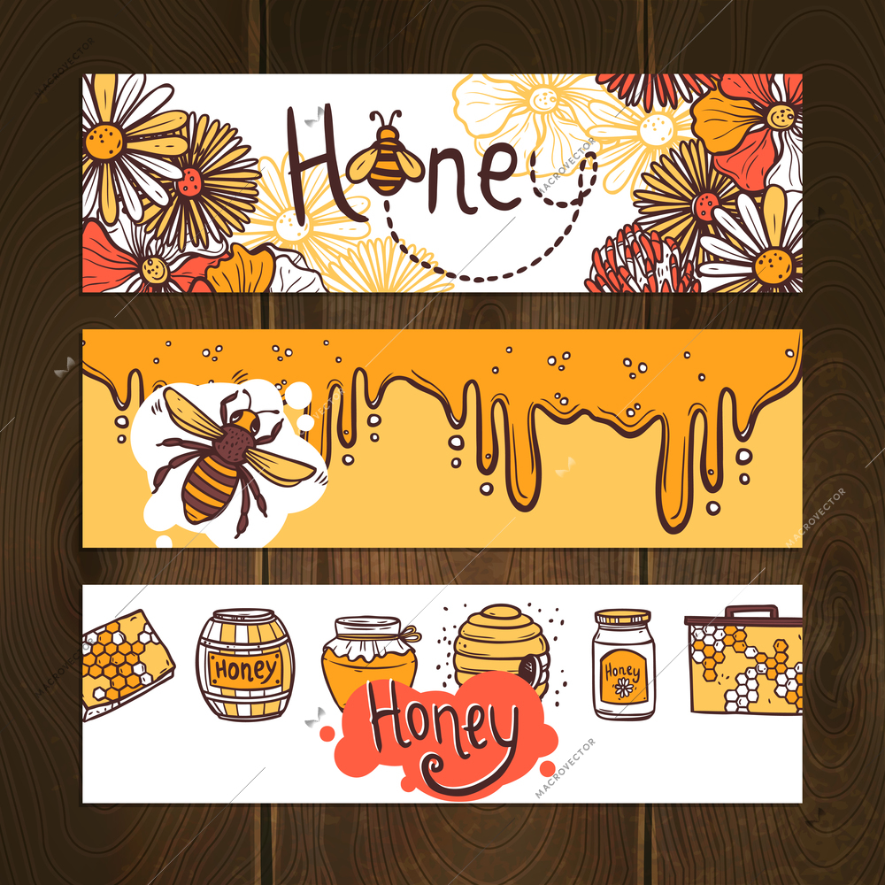 Honey hand drawn horizontal banner set with beehive honeycomb flying bee elements isolated vector illustration