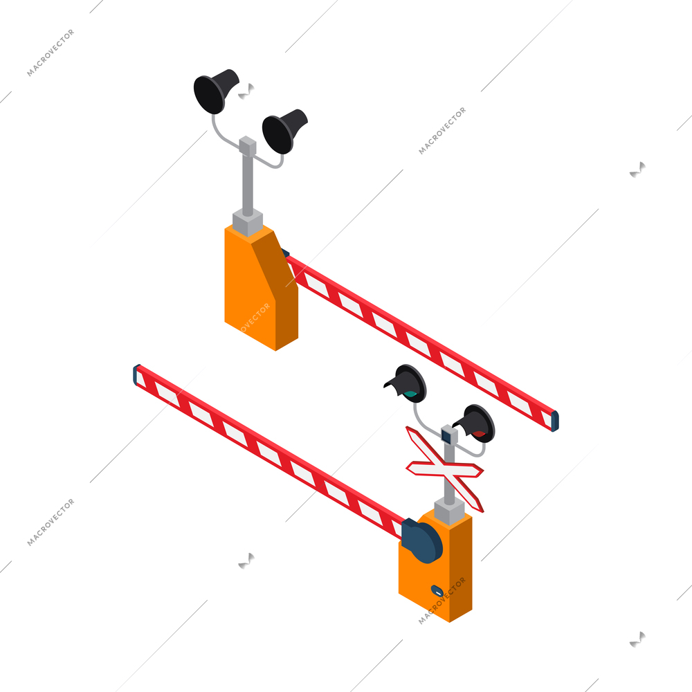 Isometric railway crossing train barriers front and back views vector illustration