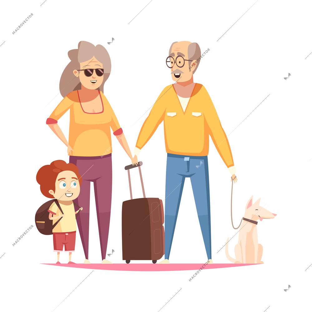 Longevity cartoon concept with active elderly people travelling with dog and grandson vector illustration