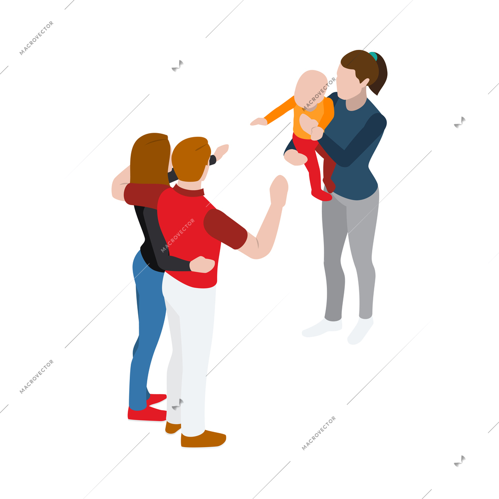 Isometric characters of parents and babysitter holding little child vector illustration