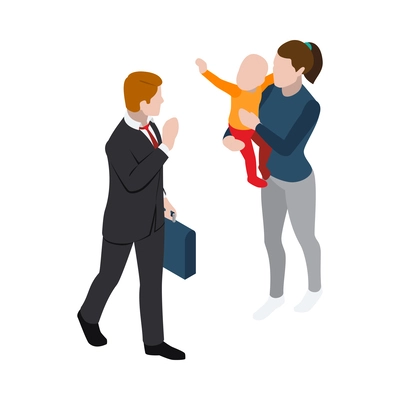 Isometric babysitter holding child while dad leaving for work vector illustration