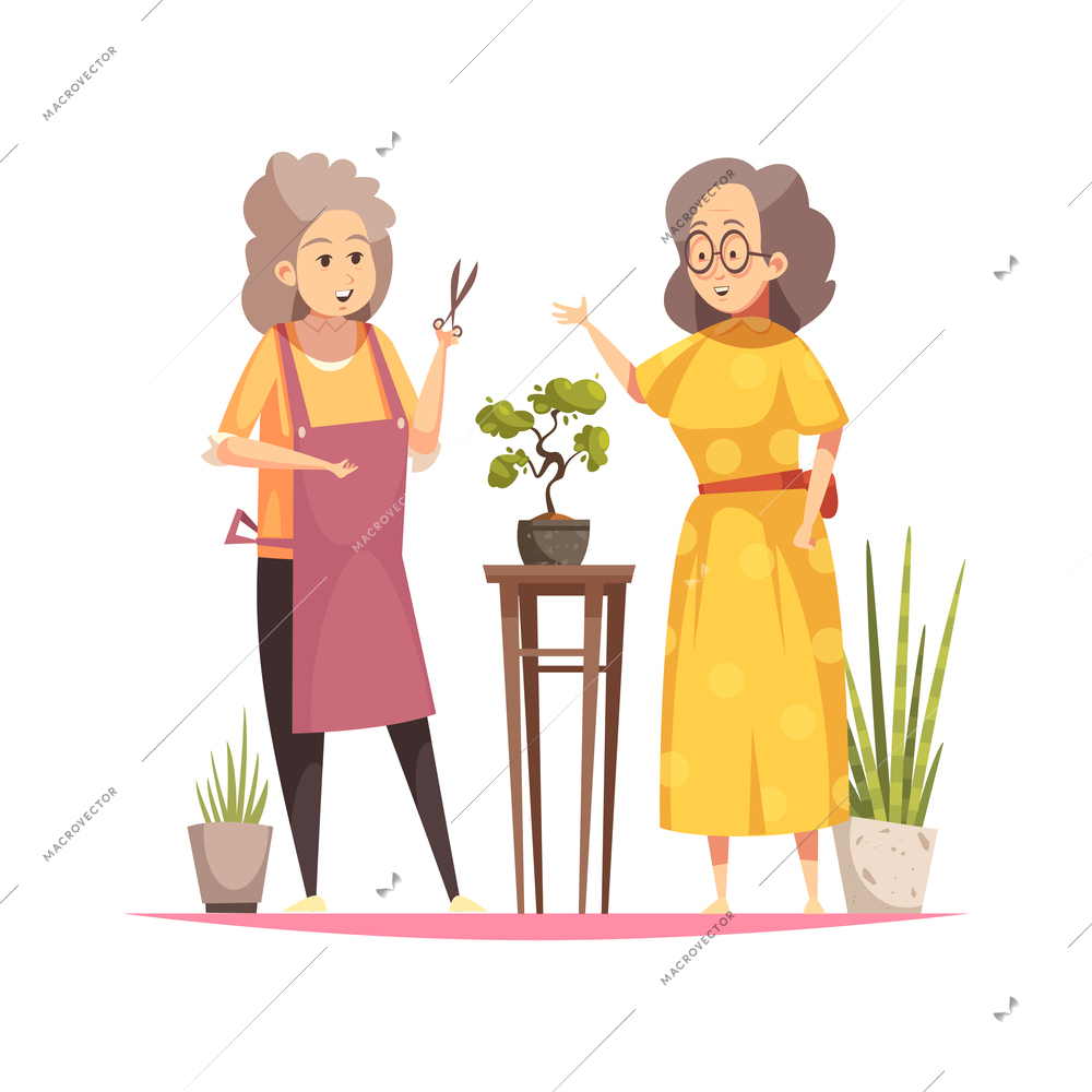 Longevity cartoon concept with senior women doing gardening vector illustration