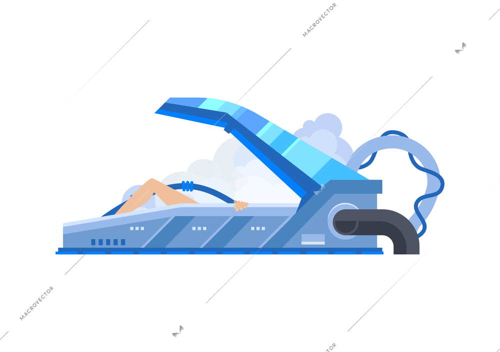 Person in open cryochamber flat vector illustration