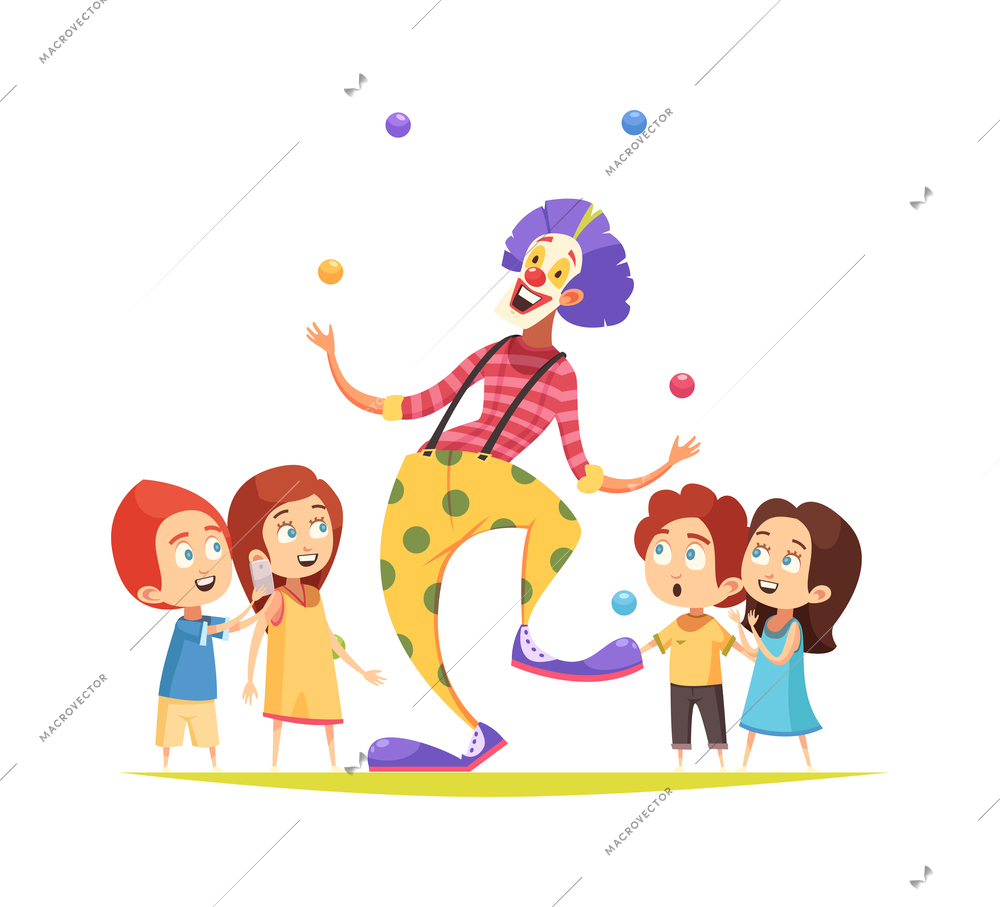 Happy children looking at juggling clown flat vector illustration