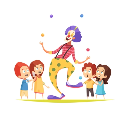 Happy children looking at juggling clown flat vector illustration