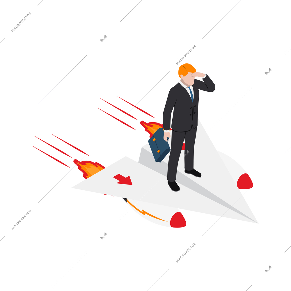 Accelerate business concept isometric icon with character of businessman moving forward fast 3d vector illustration