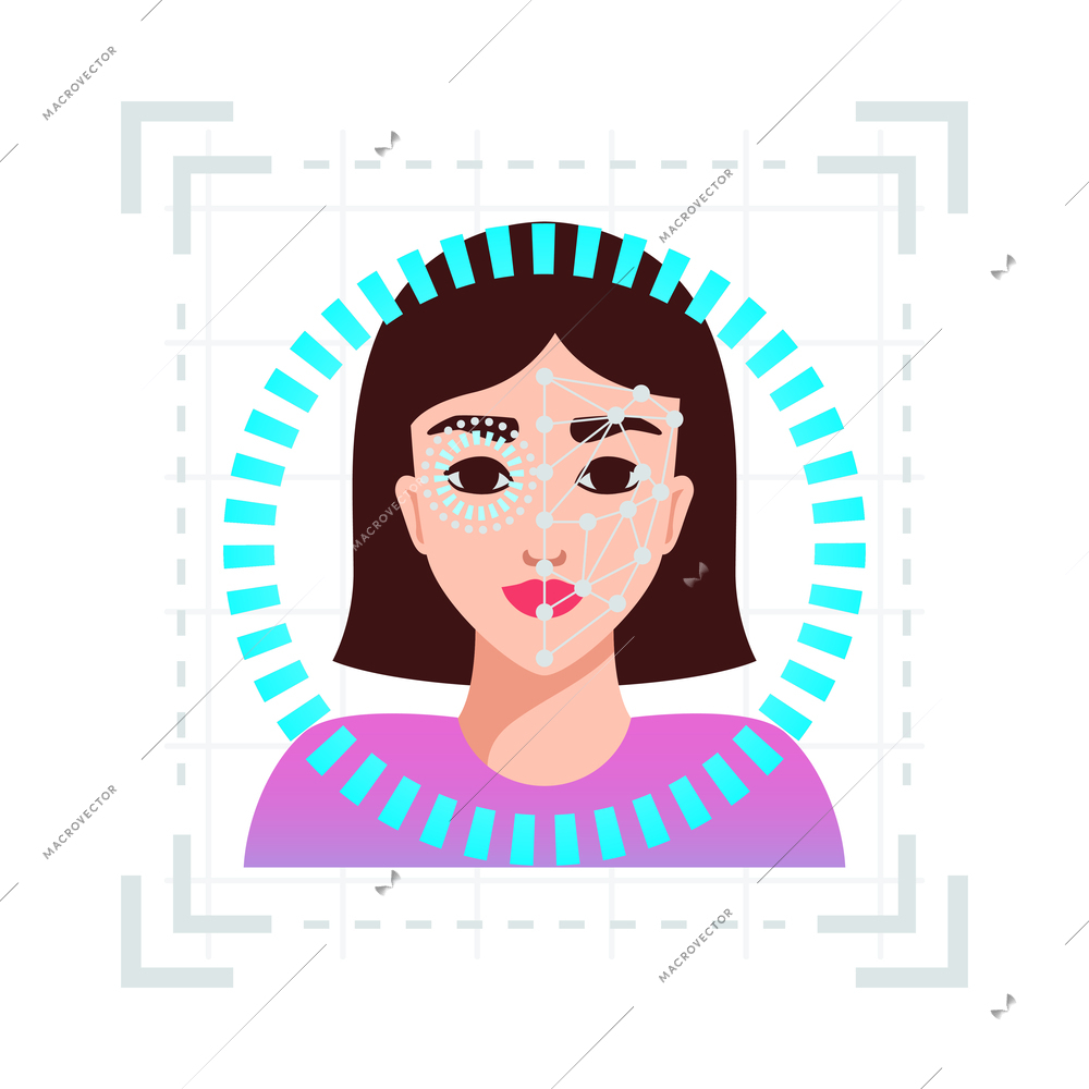 Identification technology face and iris retina recognition system flat vector illustration