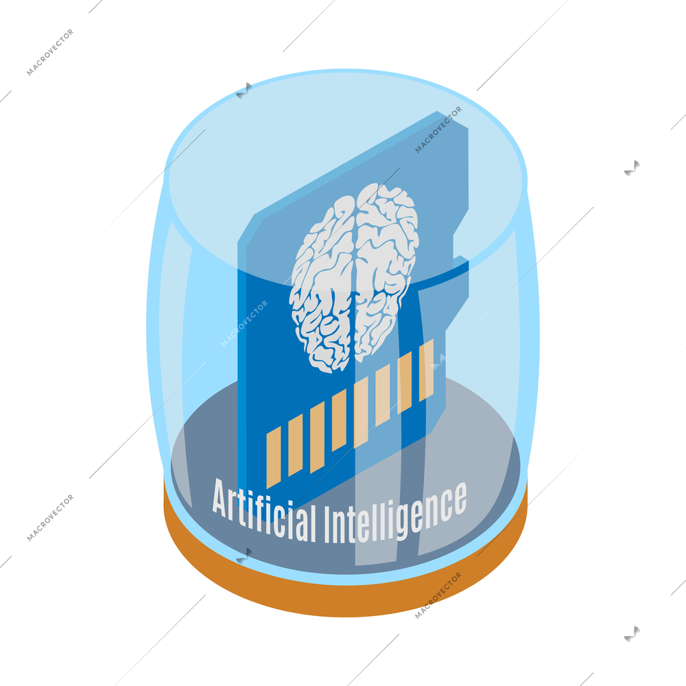 Backup personality artificial intelligence isometric icon with data on brain microchip 3d vector illustration