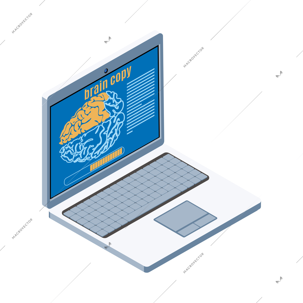 Backup personality isometric icon with memory scanning process on laptop 3d vector illustration