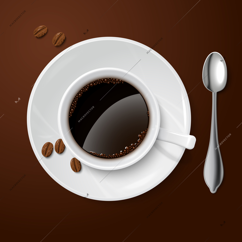 Top view on realistic white cup filled with black classic espresso with coffee beans vector illustration