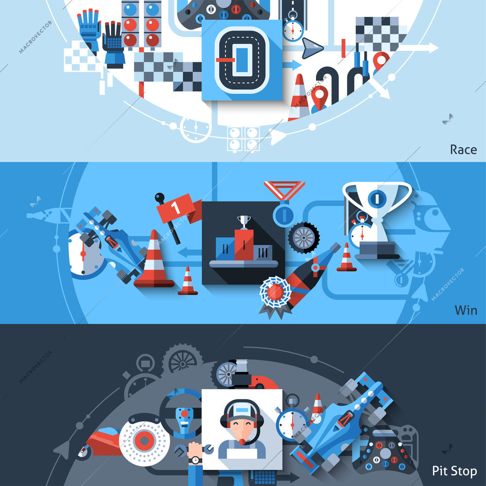 Racing horizontal banner set with win and pit stop elements isolated vector illustration