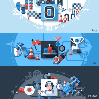 Racing horizontal banner set with win and pit stop elements isolated vector illustration