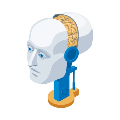 Artificial intelligence isometric icon with brain in cyborg head 3d vector illustration